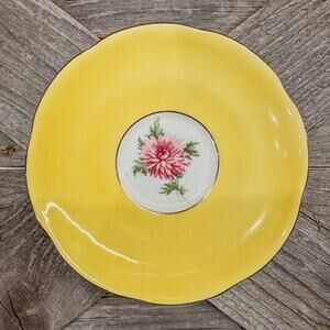 Vintage Yellow Staffordshire Adderley Tea Cup Saucer w Pink Chrysanthemum Center